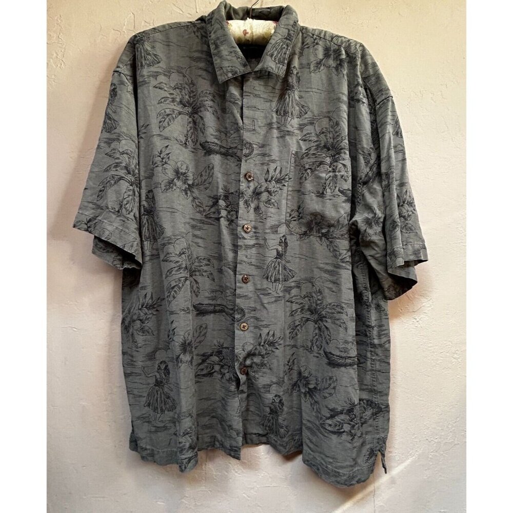 Brigata Mens Button Up Short Sleeve Silk Hawaiian Shirt Gray Floral XL Casual